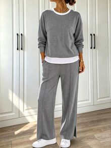 Holdful Holdful Ensemble 2 pièces pour femmes Automne/Hiver Confortable Maison Décontracté Tissu Texturé blocs de couleurs Patchwork Col Rond Manches Longues Top Ample & Pantalon Jambe Large Ourlet Fendu - Gris - Voir 5