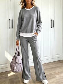 Holdful Holdful Ensemble 2 pièces pour femmes Automne/Hiver Confortable Maison Décontracté Tissu Texturé blocs de couleurs Patchwork Col Rond Manches Longues Top Ample & Pantalon Jambe Large Ourlet Fendu - Gris - Voir 1