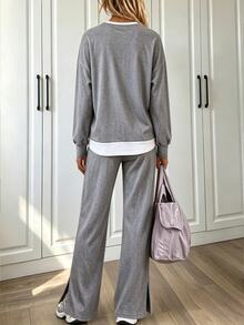 Holdful Holdful Ensemble 2 pièces pour femmes Automne/Hiver Confortable Maison Décontracté Tissu Texturé blocs de couleurs Patchwork Col Rond Manches Longues Top Ample & Pantalon Jambe Large Ourlet Fendu - Gris - Voir 2