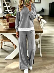 Holdful Holdful Ensemble 2 pièces pour femmes Automne/Hiver Confortable Maison Décontracté Tissu Texturé blocs de couleurs Patchwork Col Rond Manches Longues Top Ample & Pantalon Jambe Large Ourlet Fendu - Gris - Voir 6