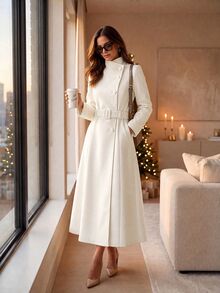 Balvessa 女款前開襟 A 字版立領時尚優雅復古通勤大老闆風外套大衣，附腰帶，羊毛混紡夾克 - 杏色 - 查看 6
