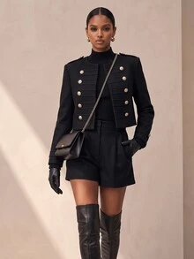 Vesra Women's Vintage Gold Button Black Short Jacket - Black - View 3