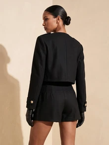 Vesra Women's Vintage Gold Button Black Short Jacket - Black - View 2