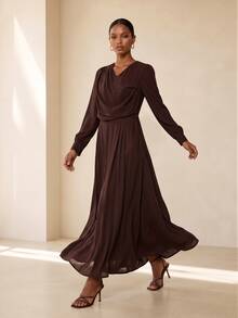 SHEIN Veneréa Deep Brown Chiffon V-Neck Cinched Waist French Lantern Sleeve Full Skirt Dress - Brown - View 5