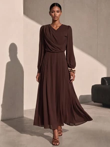 SHEIN Veneréa Deep Brown Chiffon V-Neck Cinched Waist French Lantern Sleeve Full Skirt Dress - Brown - View 4
