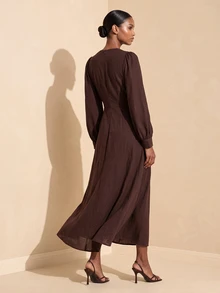 SHEIN Veneréa Deep Brown Chiffon V-Neck Cinched Waist French Lantern Sleeve Full Skirt Dress - Brown - View 2