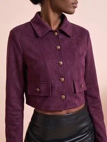 SHEIN Veneréa Vintage Lapel Suede Short Jacket Slim Fit Workwear Jacket - Burgundy - View 3