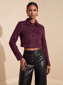 SHEIN Veneréa Vintage Lapel Suede Short Jacket Slim Fit Workwear Jacket - Burgundy - View 1