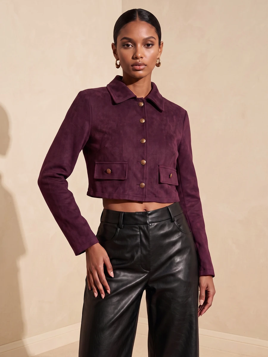SHEIN Veneréa Vintage Lapel Suede Short Jacket Slim Fit Workwear Jacket - Burgundy - View 1
