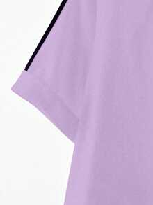 EMERY ROSE 2pcs/Set Women's Fashion Round Neck Embroidered Print Contrast Trim T-Shirt, Casual Elastic Waist Side Pocket Embroidered Wide Leg Pants Set - Multicolor - View 9