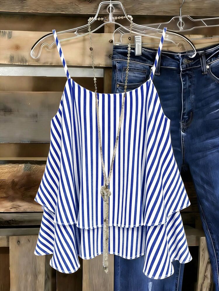 EMERY ROSE Women's Woven Striped Casual Beachwear Vacation Summer Top Blue And White Stripe - Blue - View 1