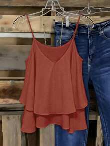 EMERY ROSE Women's Rust Brown Boho Camisole Summer Tank Top,Loose Layered Silhouette,Breathable Casual Vacation Style,Thin Shoulder Strap Minimalist Solid Color - Coral Orange - View 2