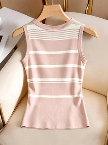 Franclia Women's Round Neck Striped Patchwork Casual Versatile Daily Wear Top - Pink - View 2