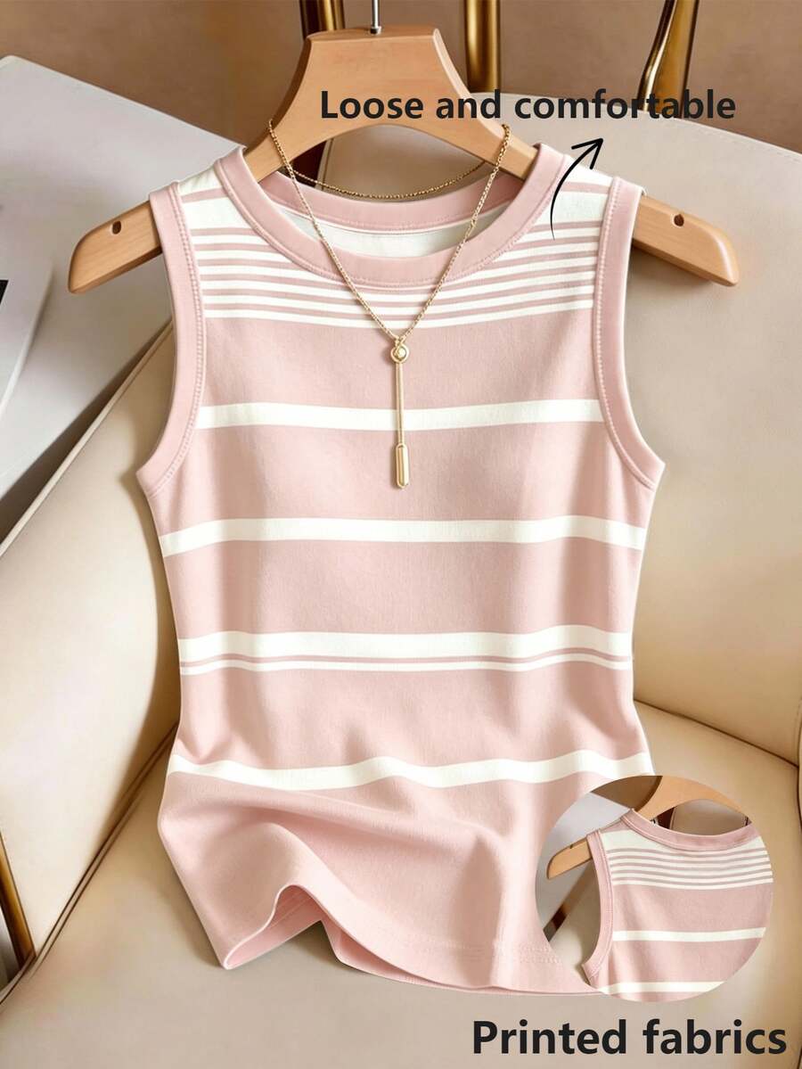 Franclia Women's Round Neck Striped Patchwork Casual Versatile Daily Wear Top - Pink - View 1