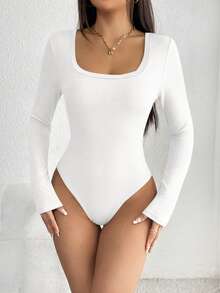 SHEIN Women's Solid Color Minimalist Long Sleeve Bodysuit, Everyday Wear - White - View 6