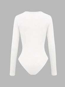 SHEIN Women's Solid Color Minimalist Long Sleeve Bodysuit, Everyday Wear - White - View 2