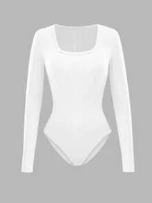 SHEIN Women's Solid Color Minimalist Long Sleeve Bodysuit, Everyday Wear - White - View 5