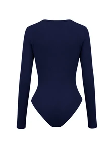 SHEIN Women's Solid Color Square Neck Long Sleeve Ribbed Casual Bodysuit - Navy Blue - View 3