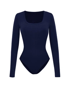 SHEIN Women's Solid Color Square Neck Long Sleeve Ribbed Casual Bodysuit - Navy Blue - View 5