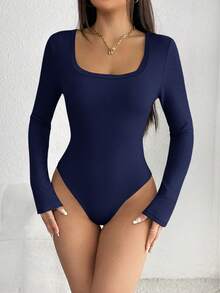 SHEIN Women's Solid Color Square Neck Long Sleeve Ribbed Casual Bodysuit - Navy Blue - View 6