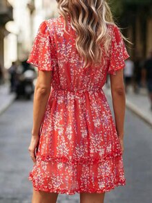 Breezaya Kleid mit Ditsy Blume Muster und Rüschensaum, Urlaubsoutfit für den Strand für Frauen - Rot - Übersicht 4