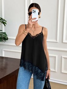 Serisse 女款優雅性感黑色夏季細肩帶背心，蕾絲飾邊V領無袖吊帶背心，側開衩不對稱下擺，適合夜晚外出與海灘穿著 - 黑色 - 查看 4