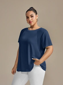 SHEIN Rhythm Era Women's Plus Size Solid Color Short Sleeve Sports T-Shirt - Dusty Blue - View 3
