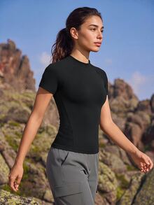 Exploreva Exploreva Solid Color Short Sleeve Fitted Athletic Outdoor T-Shirt - Black - View 3