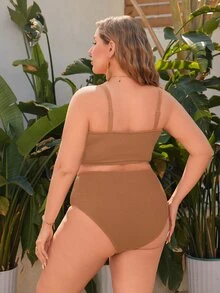 SHEIN Swim 大尺碼 2件組 素色波浪面料平口上衣 可調節可拆卸肩帶搭配高腰比基尼泳褲，性感優雅女款海灘休閒度假泳裝套裝 - 棕色 - 查看 2