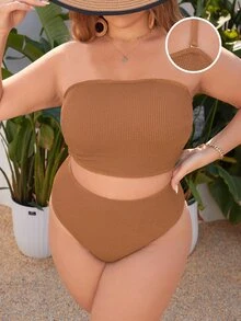 SHEIN Swim 大尺碼 2件組 素色波浪面料平口上衣 可調節可拆卸肩帶搭配高腰比基尼泳褲，性感優雅女款海灘休閒度假泳裝套裝 - 棕色 - 查看 1