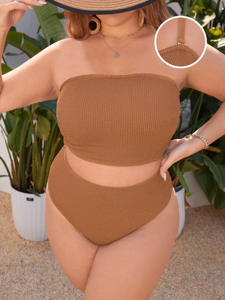 SHEIN Swim Plus Size 2pcs Solid Color Wavy Fabric Bandeau Top With Adjustable Detachable Shoulder Straps And High Waist Bikini Bottoms, Sexy Elegant Women's - Brown - View 1