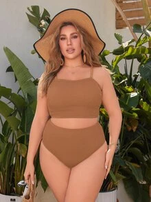 SHEIN Swim 大尺碼 2件組 素色波浪面料平口上衣 可調節可拆卸肩帶搭配高腰比基尼泳褲，性感優雅女款海灘休閒度假泳裝套裝 - 棕色 - 查看 3