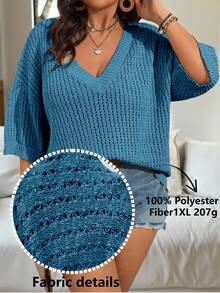 Vionelle Solid Color Loose Hollow Out Plus Size Pullover Sweater Fall - Teal Blue - View 4