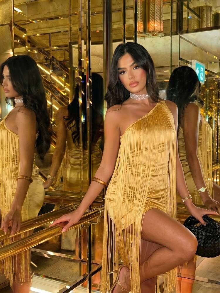 SHEIN Allurite Bodycon Sexy Asymmetrical Shoulder Tassel Dress Night Out Gold Summer - Yellow - View 5