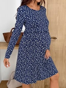 SHEIN فستان رضاعة للحوامل بنقشة زهور صغيرة - أزرق بحري - مشاهدة 6