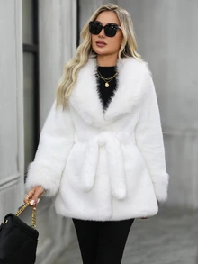 EMERY ROSE Women's Solid Color Fashion Versatile Winter Travel Faux Fur Coat - White - View 7