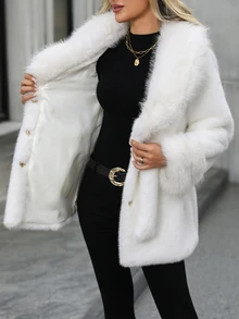 EMERY ROSE Women's Solid Color Fashion Versatile Winter Travel Faux Fur Coat - White - View 8