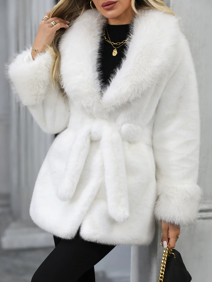 EMERY ROSE Women's Solid Color Fashion Versatile Winter Travel Faux Fur Coat - White - View 1