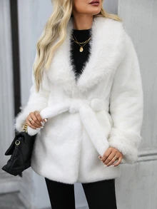 EMERY ROSE Women's Solid Color Fashion Versatile Winter Travel Faux Fur Coat - White - View 5