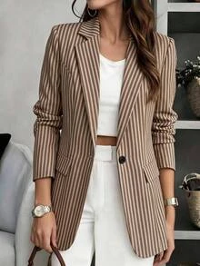 Rusticease Women's Fashion Elegant Casual Brown Stripe Button Blazer Jacket For Office Business Work And Commute Teachers' Day Summer - Khaki - View 2