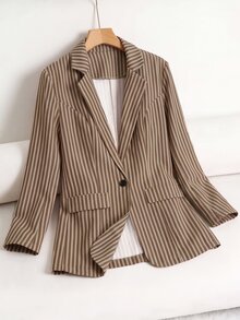 Rusticease Women's Fashion Elegant Casual Brown Stripe Button Blazer Jacket For Office Business Work And Commute Teachers' Day Summer - Khaki - View 4
