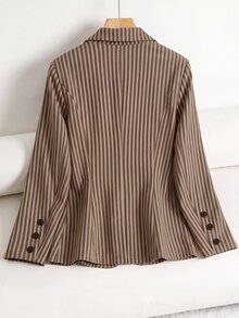 Rusticease Women's Fashion Elegant Casual Brown Stripe Button Blazer Jacket For Office Business Work And Commute Teachers' Day Summer - Khaki - View 3