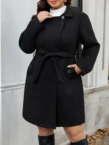 Reflora Plus Size Fashion Versatile Button Pocket Long Sleeve Overcoat - Black - View 6