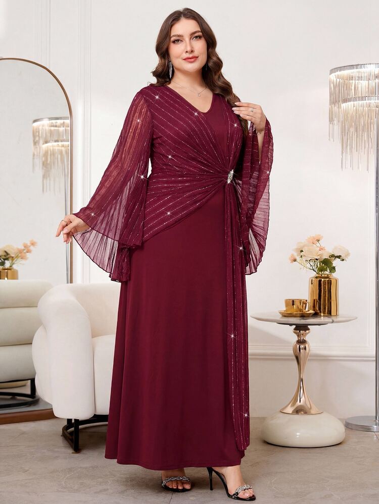 Reflora Plus Size Women's V-Neck Bell Sleeve Waist Rhinestone Decor Elegant Dress Fall - Burgundy - View 8