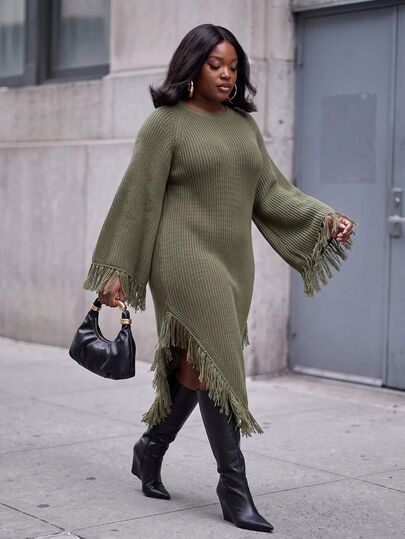 Slaydiva Plus Size Women's Casual Tassel Fringe Design Knit Sweater Dress, Elegant Everyday Fall Autumn Midi Dress For Curvy Women