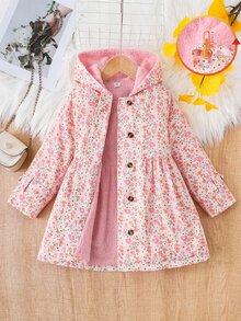 SHEIN Elladie kids 女童冬季外套，粉色碎花，保暖內裡，連帽，雙排扣，時尚夾克，適合日常休閒、校園風、開學季 - 粉色 - 查看 6