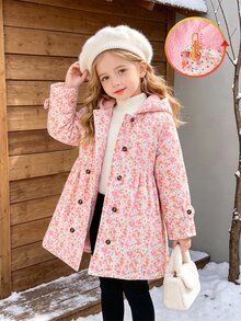 SHEIN Elladie kids 女童冬季外套，粉色碎花，保暖內裡，連帽，雙排扣，時尚夾克，適合日常休閒、校園風、開學季 - 粉色 - 查看 3