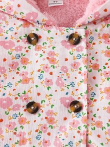 SHEIN Elladie kids 女童冬季外套，粉色碎花，保暖內裡，連帽，雙排扣，時尚夾克，適合日常休閒、校園風、開學季 - 粉色 - 查看 9