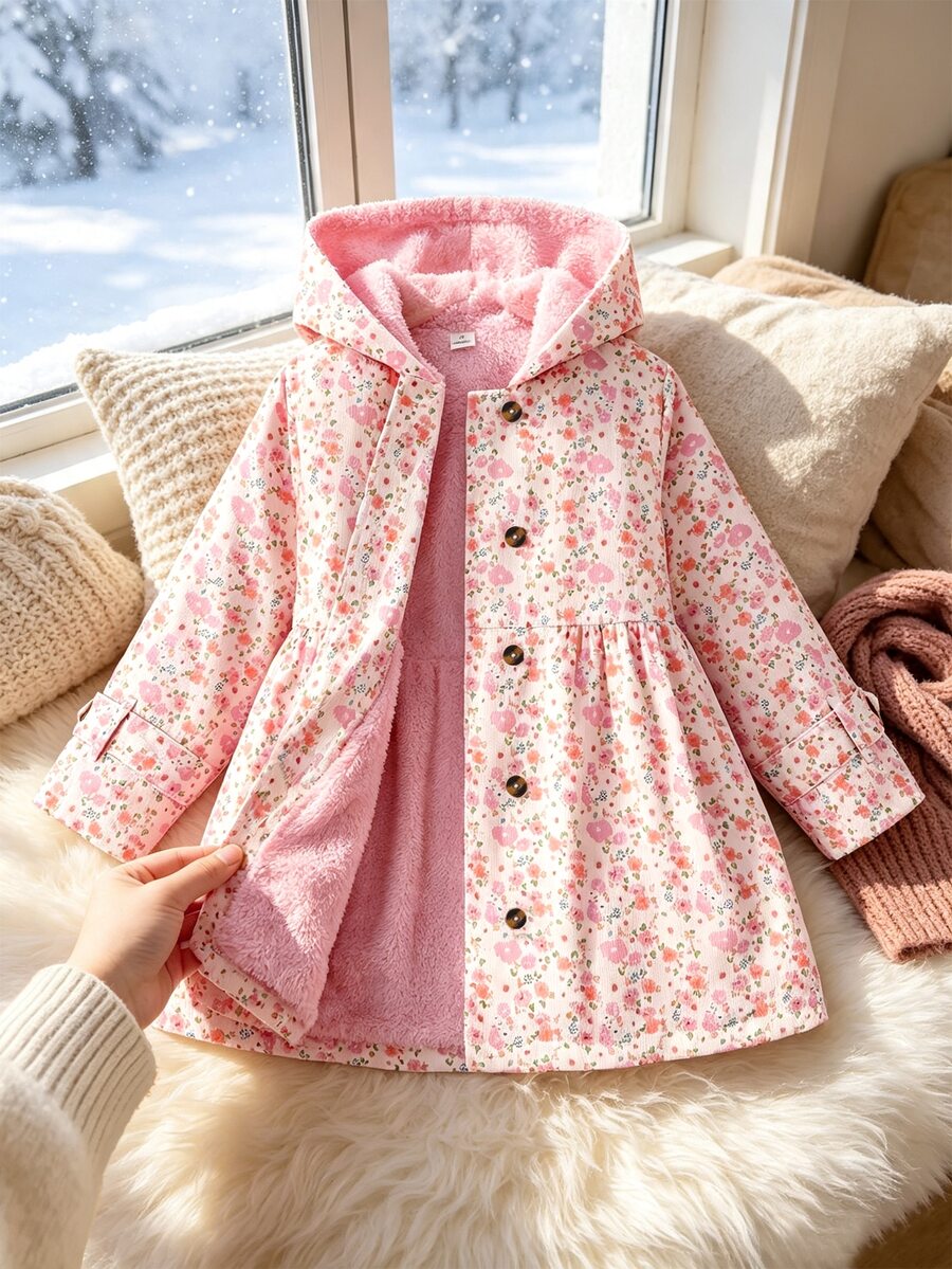 SHEIN Elladie kids 女童冬季外套,粉色碎花,保暖內裡,連帽,雙排扣,時尚夾克,適合日常休閒、校園風、開學季 - 粉色 - 查看 1