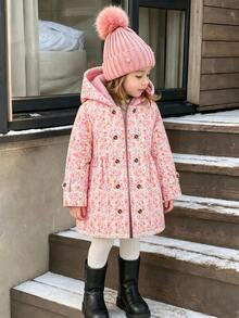 SHEIN Elladie kids 女童冬季外套，粉色碎花，保暖內裡，連帽，雙排扣，時尚夾克，適合日常休閒、校園風、開學季 - 粉色 - 查看 5